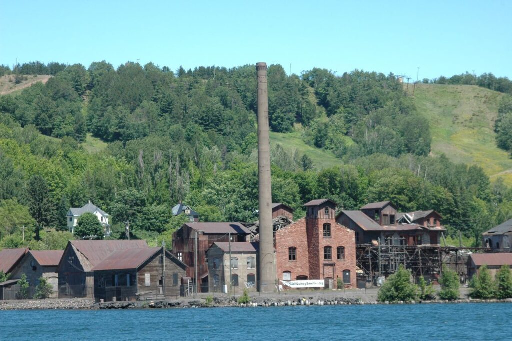 Image of Quincy Smelter from across the canal in Houghton, MI